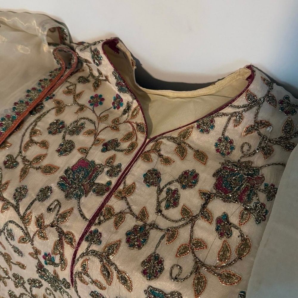 Embroidered Floral Beige Tissue Fabric Kurta Pant And Dress